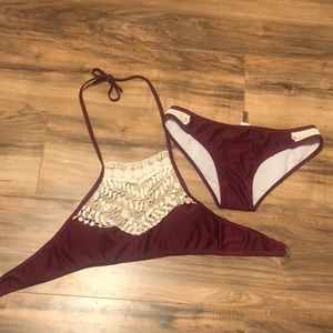 maroon colored bathing suit
